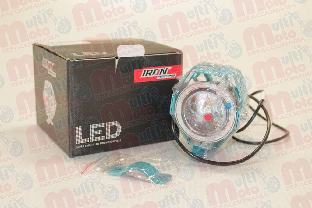 FARO AUXILIAR HYPER LEDS LUPA P/MOTOCICLETA C/OJO DE DIABLO ROJO Y DE ANGEL AZUL  6000K 2000L