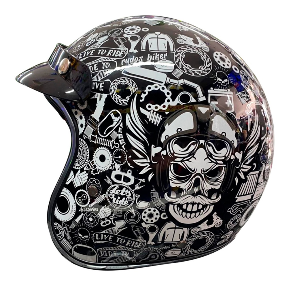 CASCO 3/4 RUDO COLLAGE DOT RUDOS BIKER TALLA M NEGRO-BLANCO BRILLANTE