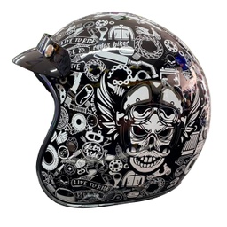 [CAS-3/4-R010-M] CASCO 3/4 RUDO COLLAGE DOT RUDOS BIKER TALLA M NEGRO-BLANCO BRILLANTE